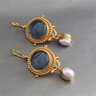 Blue Carved Gem & Pearl Drop Earrings