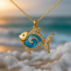 Gold Fish Necklace with Blue Opal & Crystal Details