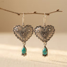 Artisan Handmade Turquoise Silvery Heart Dangle Handmade Earrings