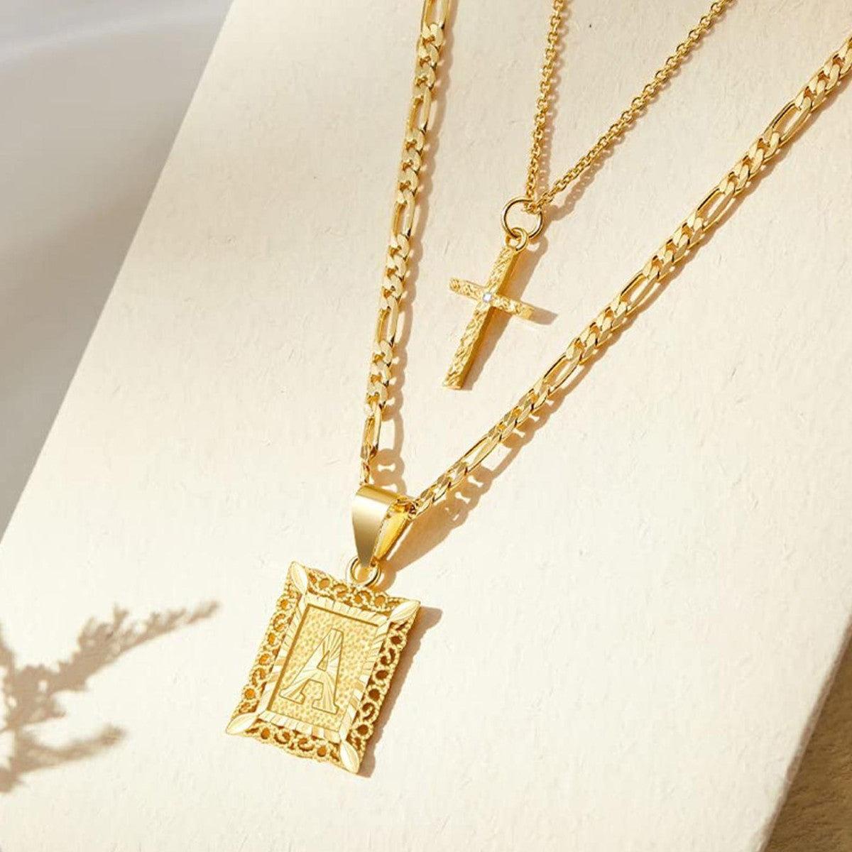 2 Piece Initial Letter & Cross Necklace Set