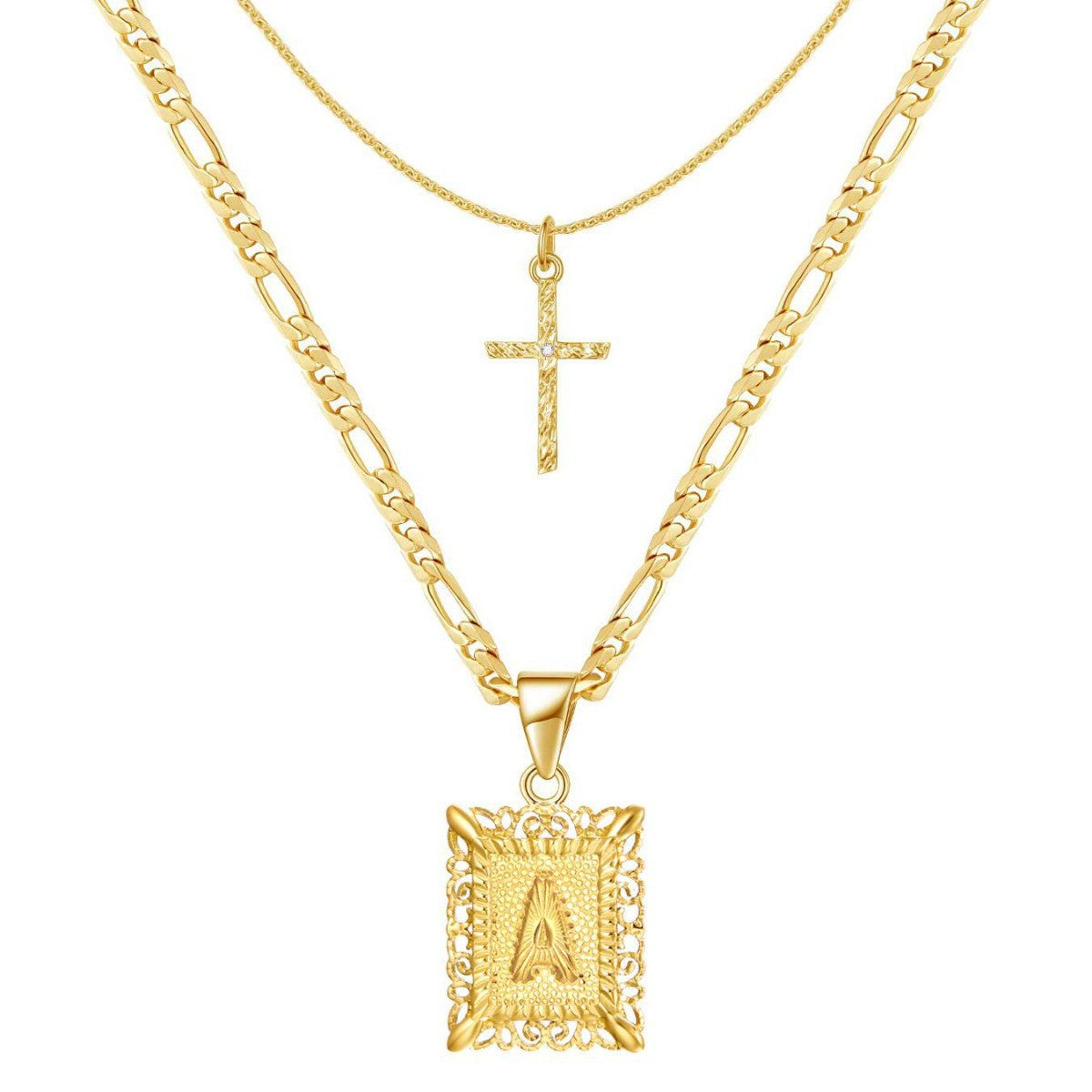 2 Piece Initial Letter & Cross Necklace Set