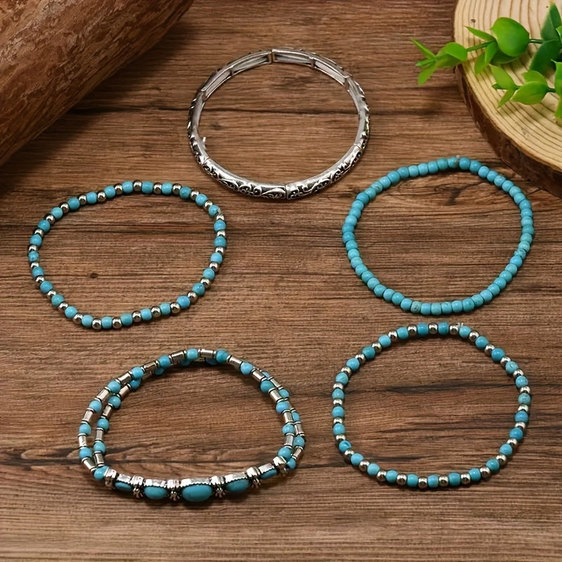 Bohemian Vintage Style Turquoise Beaded Bracelet Set