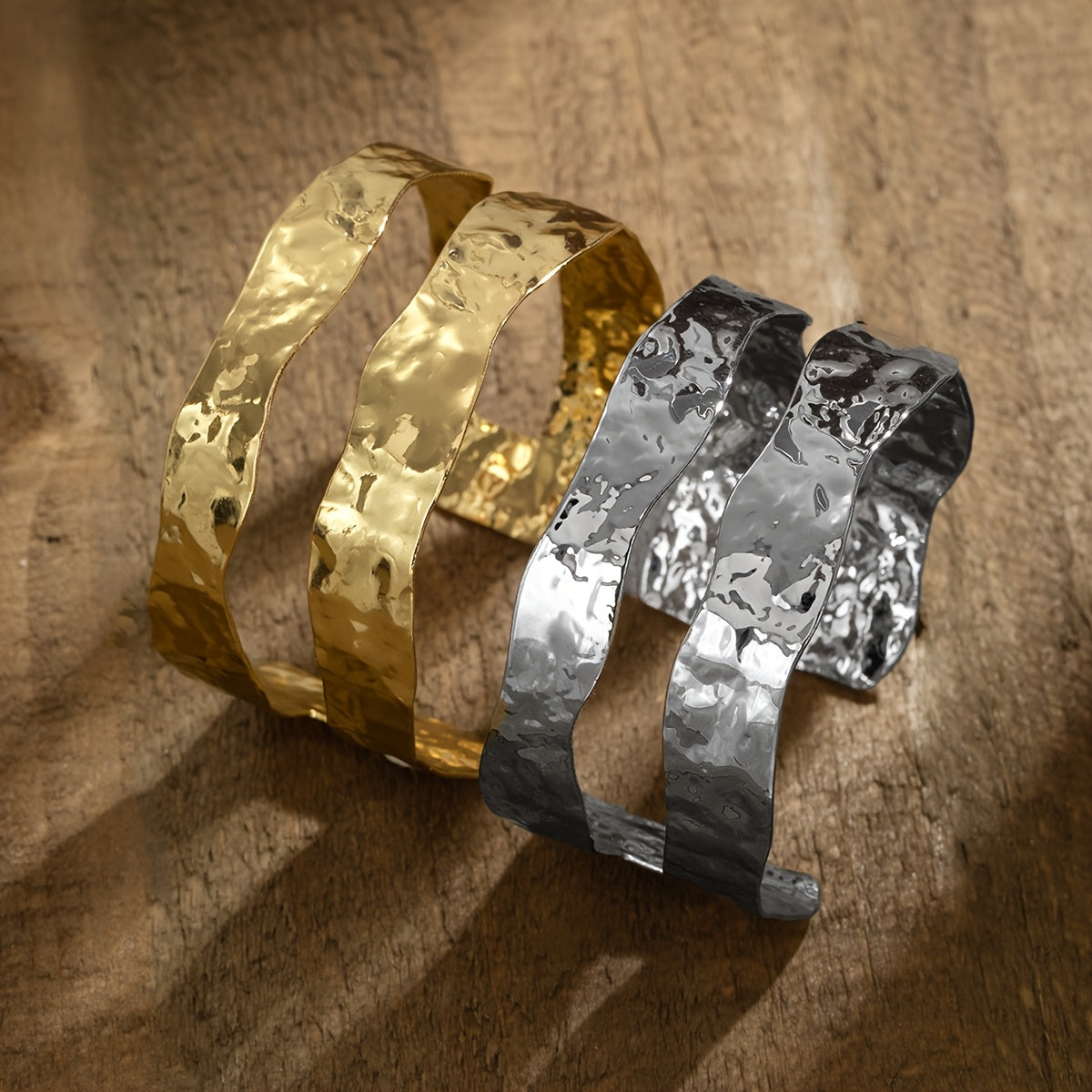 Punk Metal Style Hammered Geometric Open Cuff Bracelet