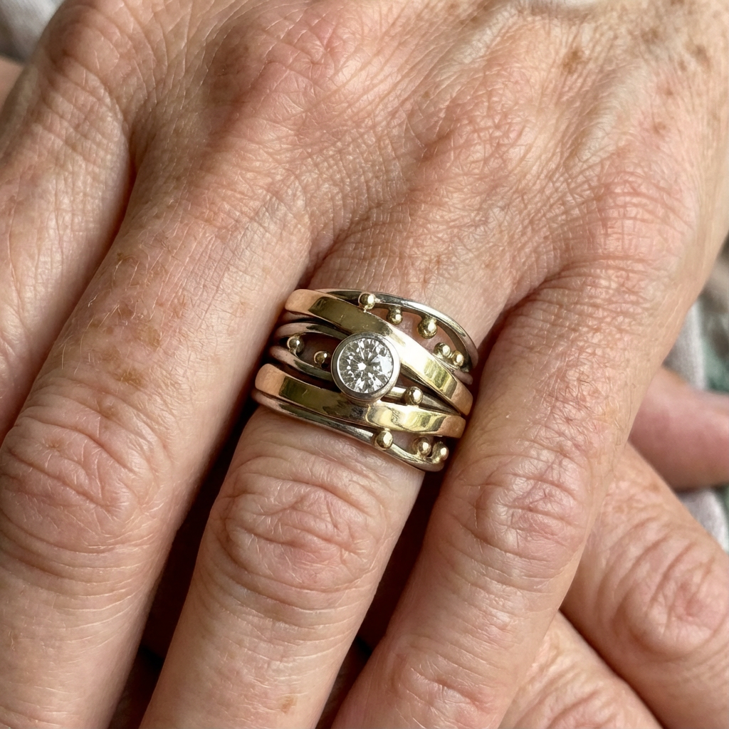 Vintage Zirconia Accent Gold Inlay Artisan Band Ring