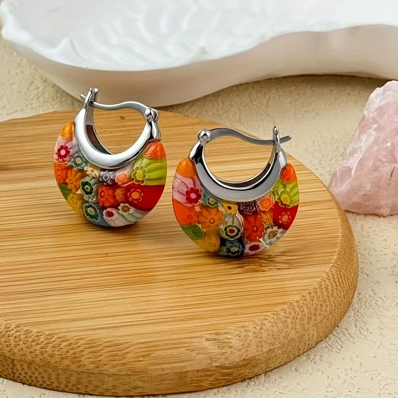 Vintage Vibrant Glass Floral Bead Dangle Earrings