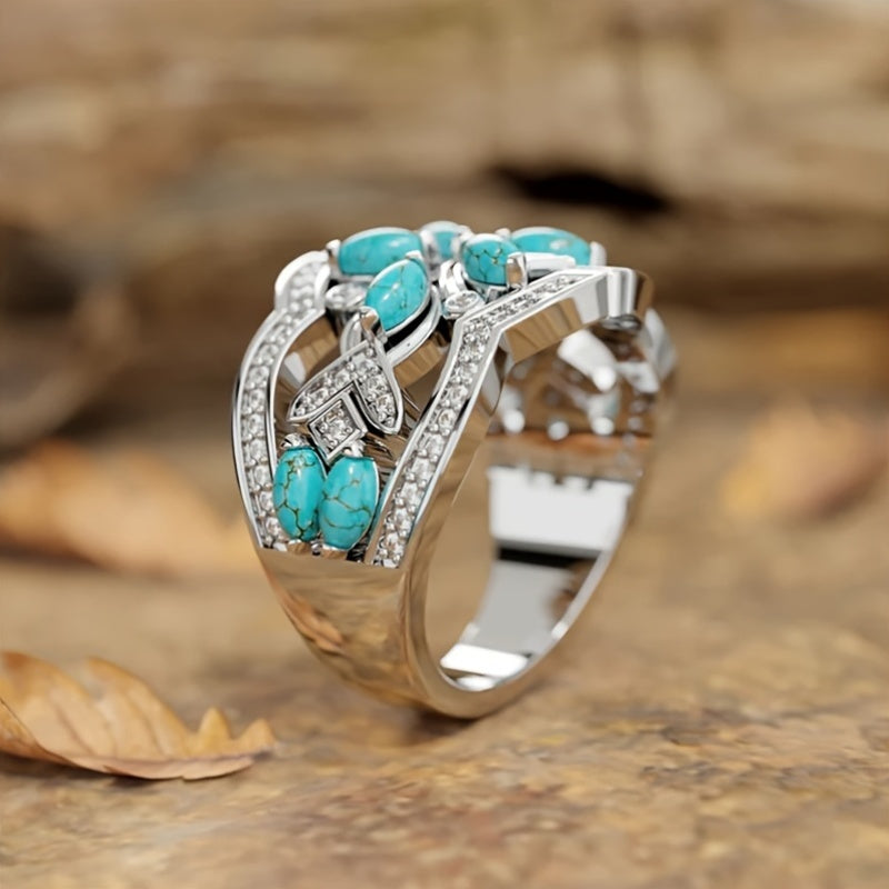 Bohemian Retro Art&nbsp;Turquoise & Crystal Statement Ring