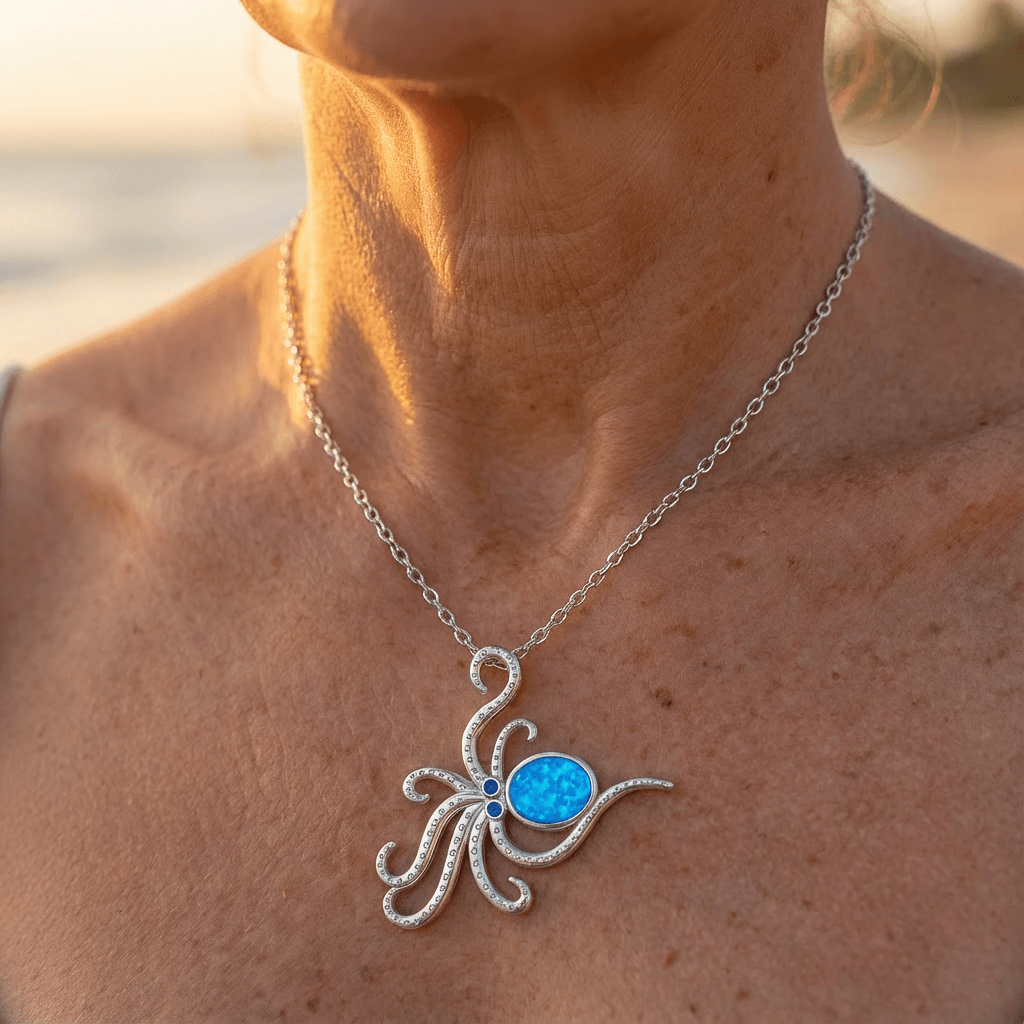 Silver Octopus Necklace with Blue Opal Stone