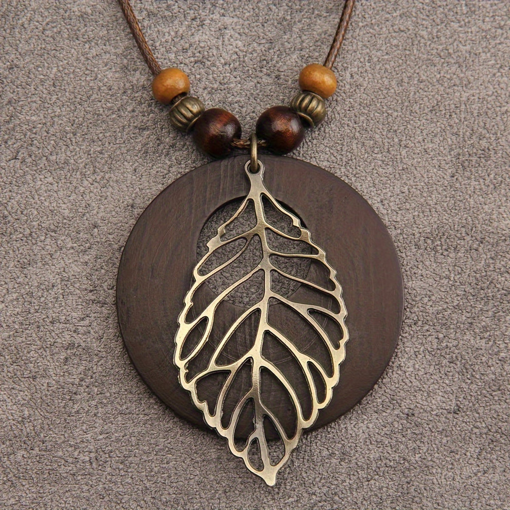 Bohemian Wax Rope Leaf Shaped Pendant Long Necklace