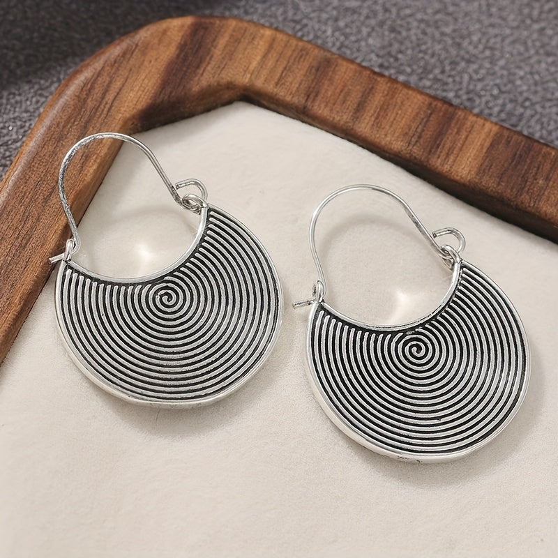 Bohemian Spiral Oxidized Dark Disc Silver Plated Earrings
