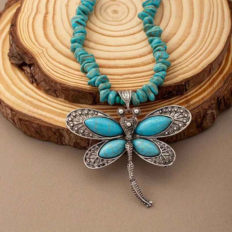 Vintage Boho Turquoise Beaded Dragonfly Pendant Necklace