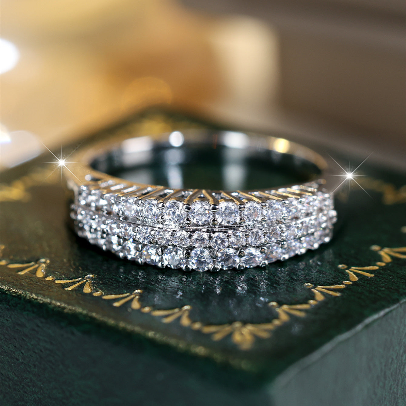 Elegant Three Row Zirconia Silver Plated Ring