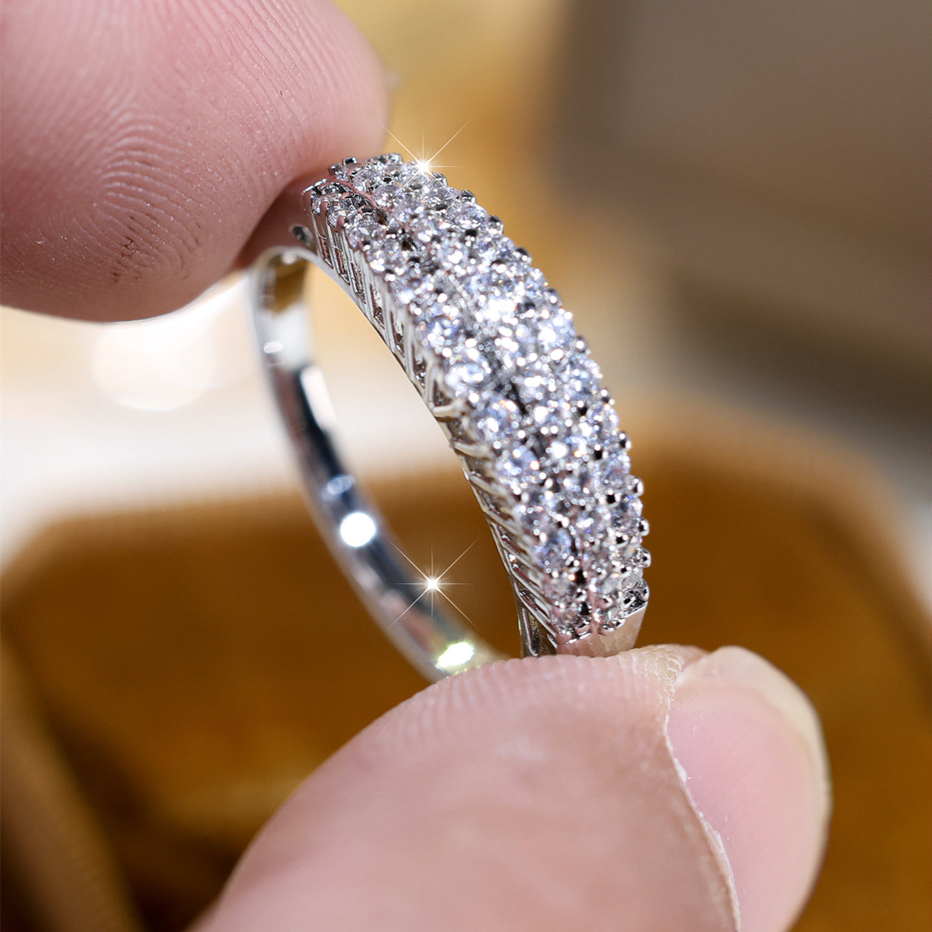 Elegant Three Row Zirconia Silver Plated Ring