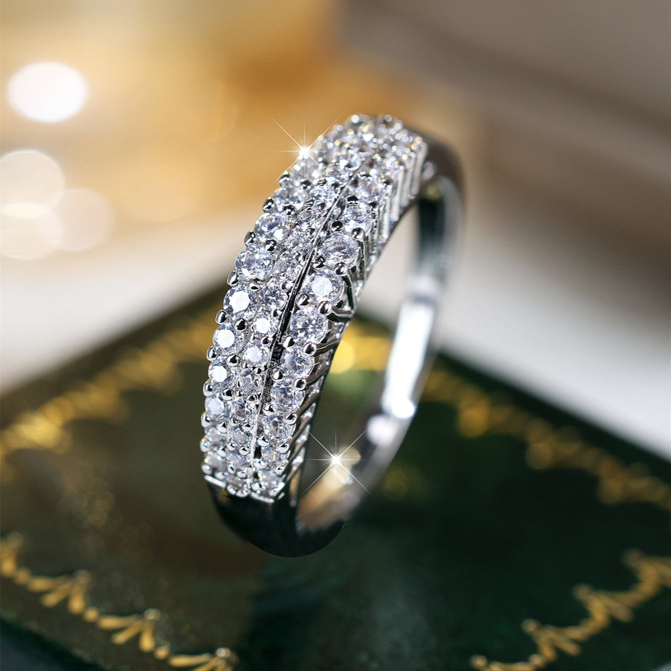 Elegant Three Row Zirconia Silver Plated Ring