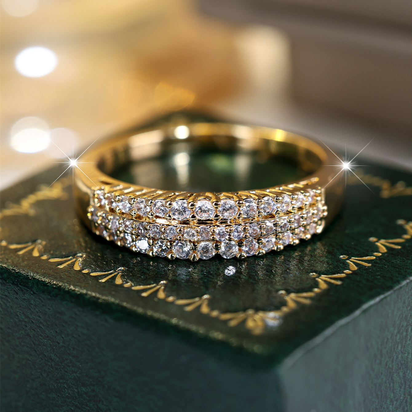 Elegant Three Rows Sparkling Zirconia Gold Plated Ring