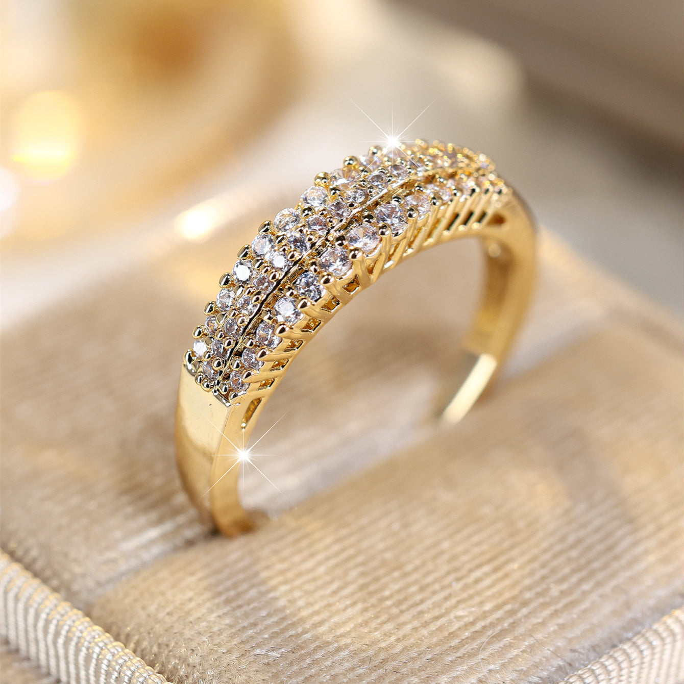 Elegant Three Rows Sparkling Zirconia Gold Plated Ring