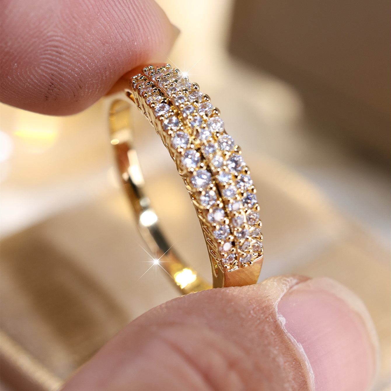 Elegant Three Rows Sparkling Zirconia Gold Plated Ring