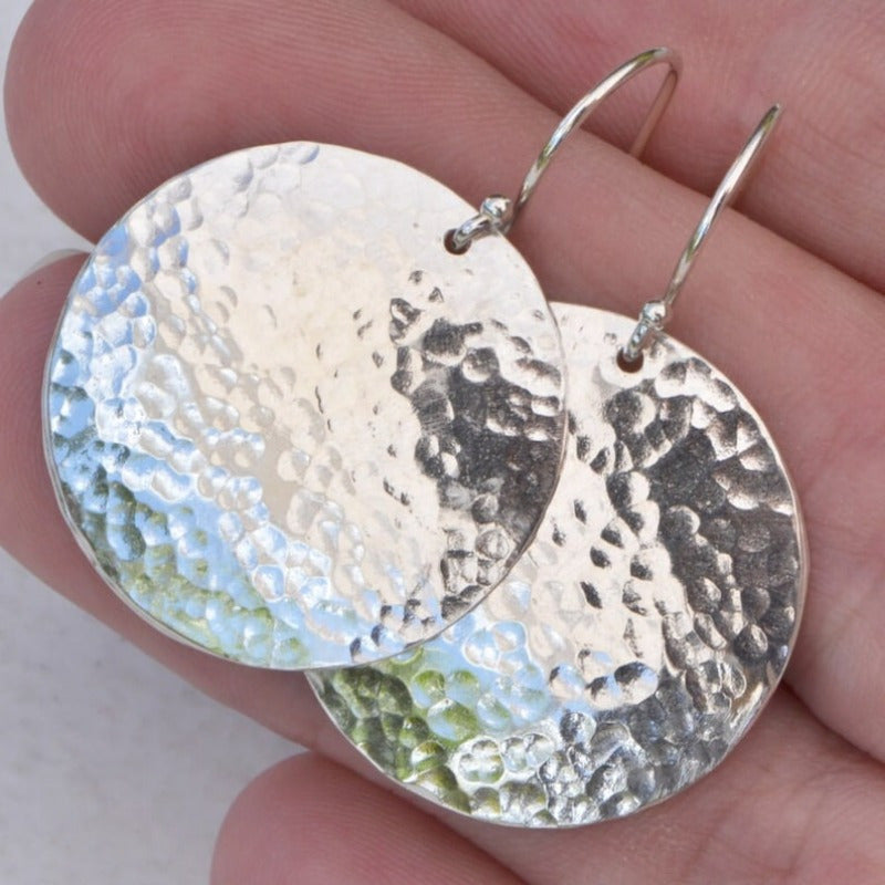 Vintage Hammered Large Disk Dangle Circle Earrings