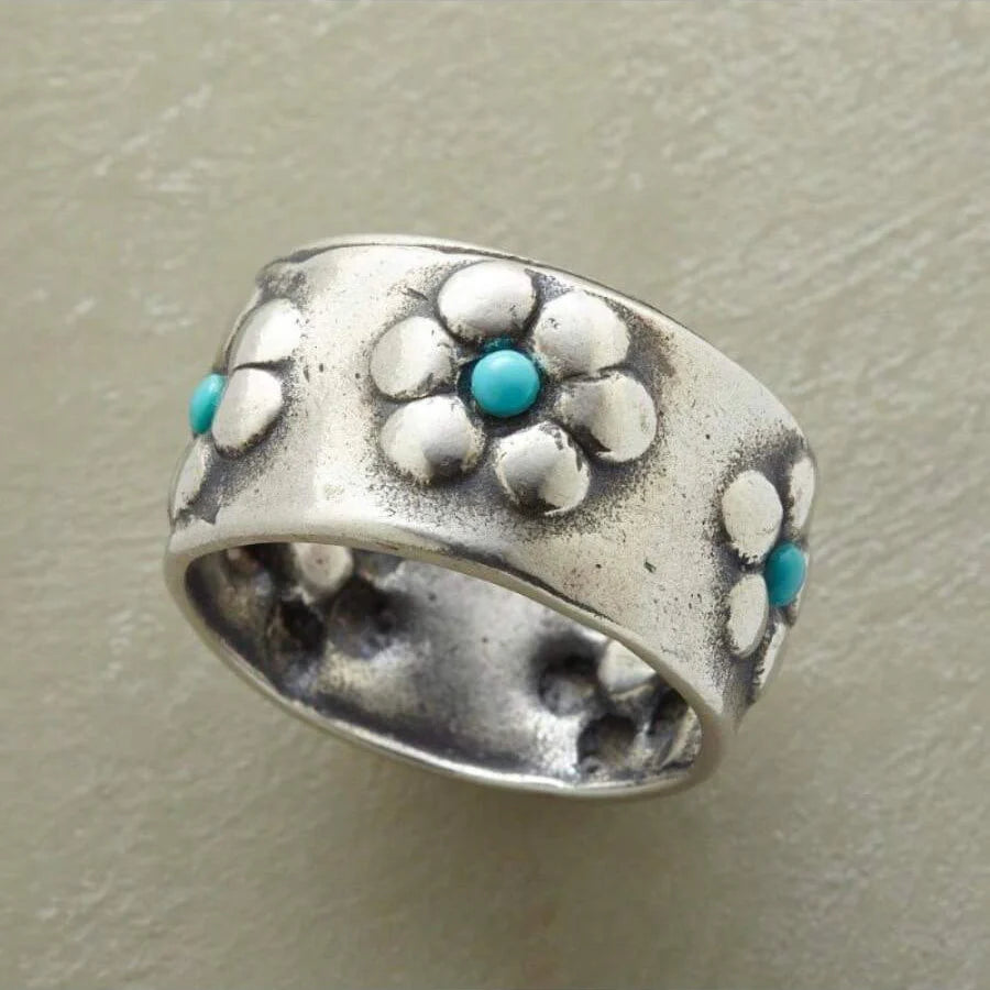 Bohemian Vibrant Silvery Flower Turquoise Wide Ring