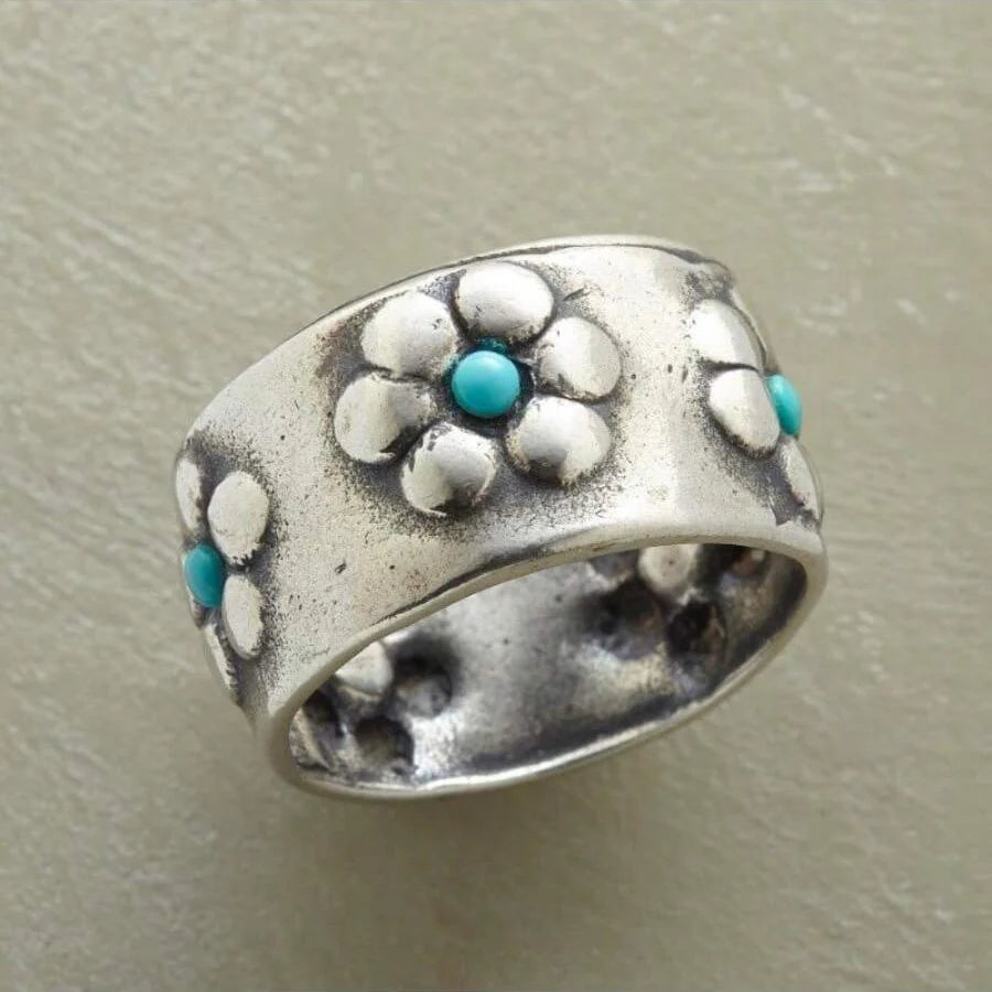 Bohemian Vibrant Silvery Flower Turquoise Wide Ring
