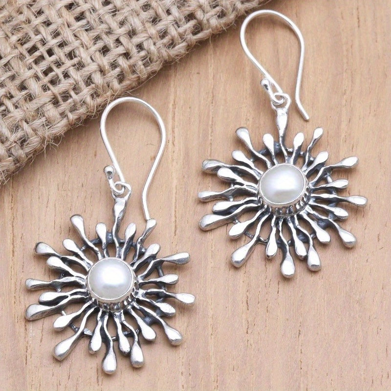 Elegant Bohemian Sunburst Pearl Drop Earrings