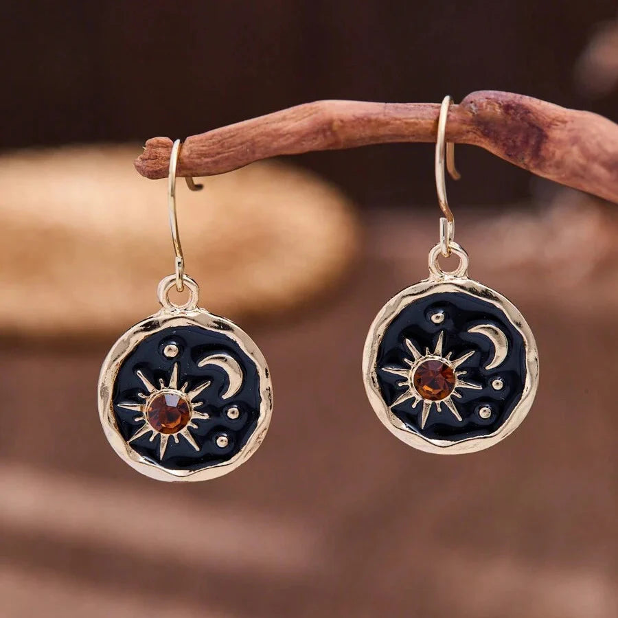 Vintage Round Sun Moon Star Rhinestone Earrings