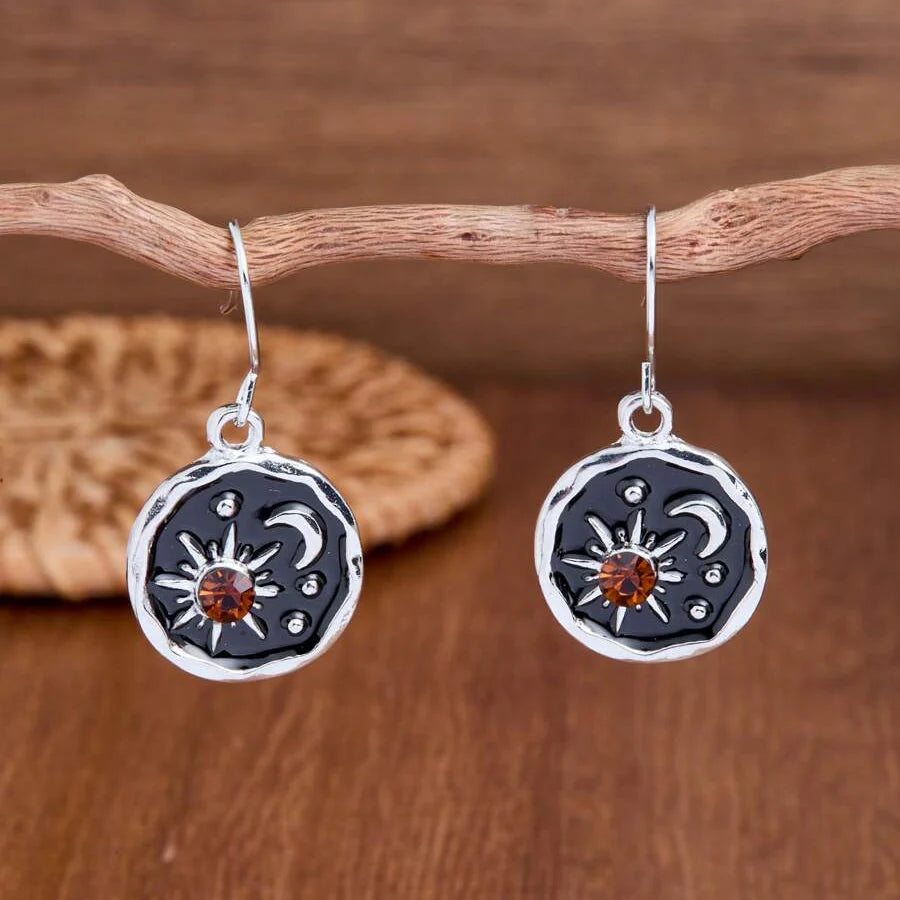 Vintage Round Sun Moon Star Rhinestone Earrings