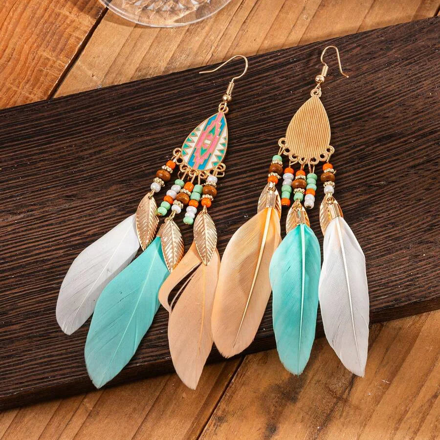 Bohemian Exaggerated Retro Style Feather Earrings