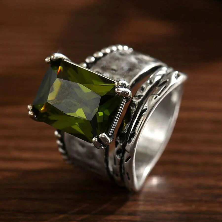 Vintage Bohemian Geometric Cut Zircon Silver Plated Ring