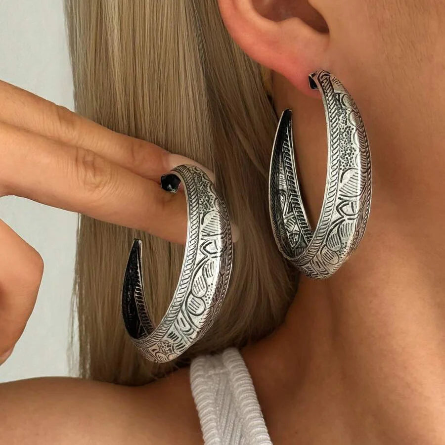 Vintage Bohemian Carved Geometric Hoop Earrings