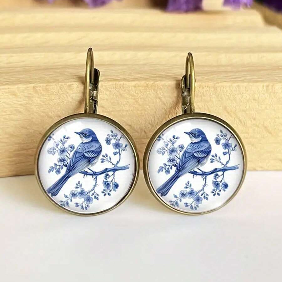 Retro Style Blue Bird Shaped Round Hook Earrings