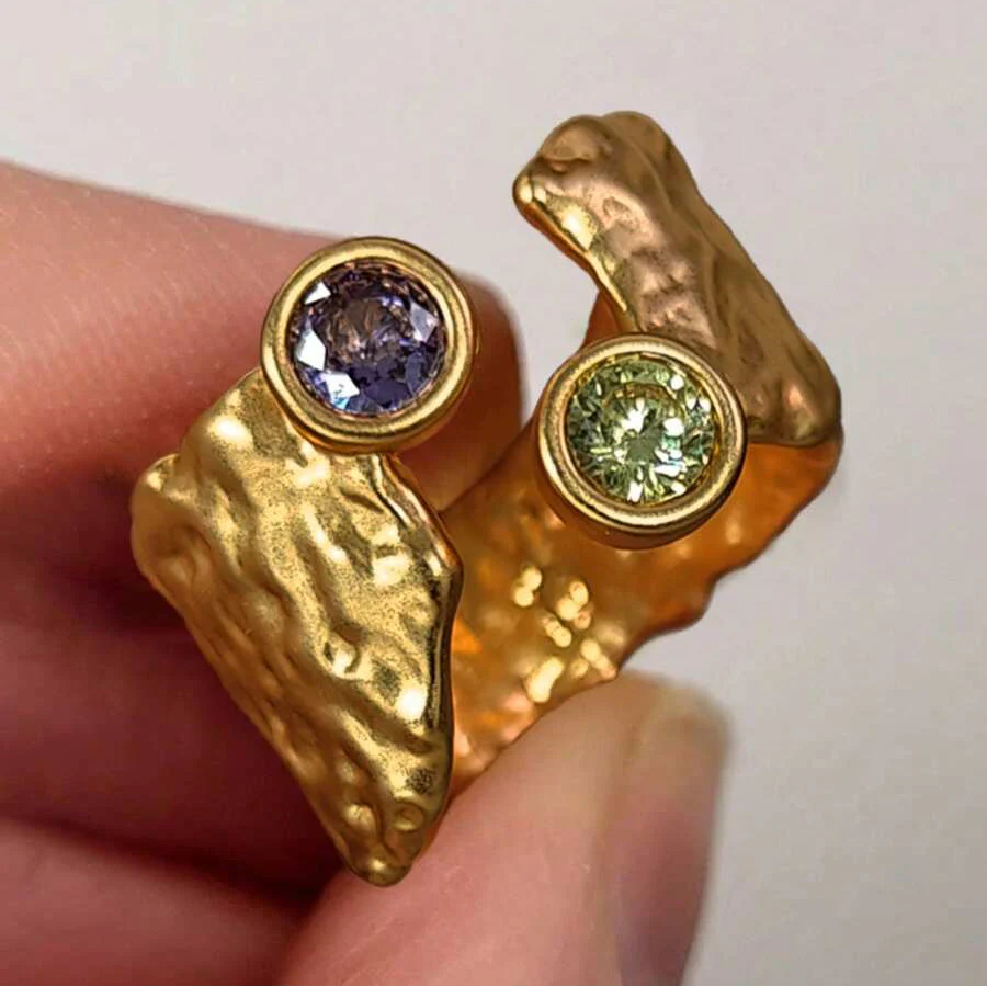 Adjustable Asymmetrical Hammered Gold Plated Zirconia Inlaid Ring