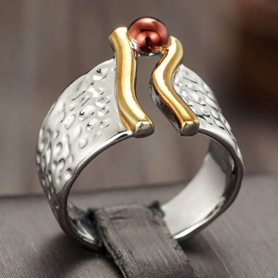 Elegant Two Tone Handcrafted Mixed Metal Wide Band Ring