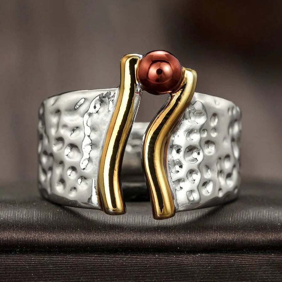 Elegant Two Tone Handcrafted Mixed Metal Wide Band Ring