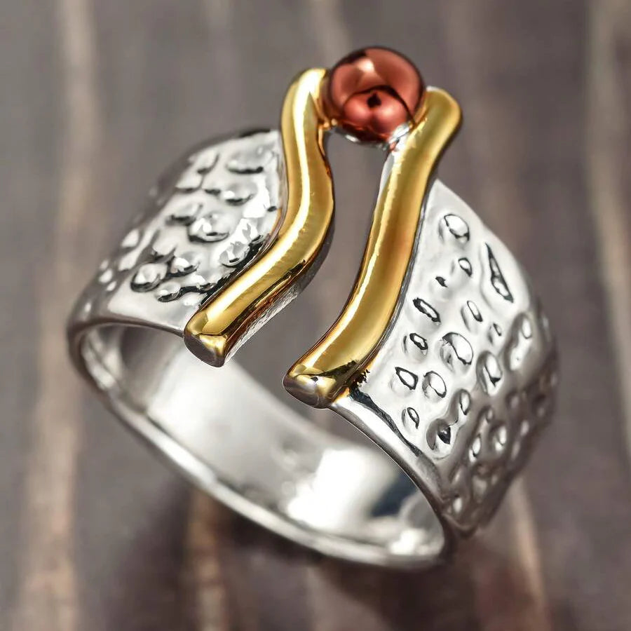 Elegant Two Tone Handcrafted Mixed Metal Wide Band Ring