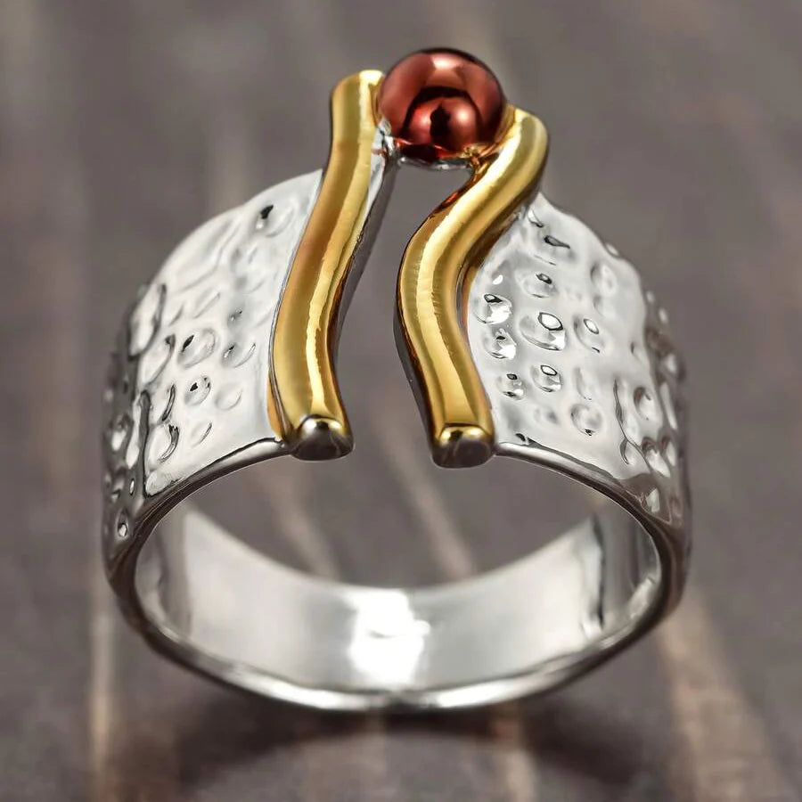 Elegant Two Tone Handcrafted Mixed Metal Wide Band Ring
