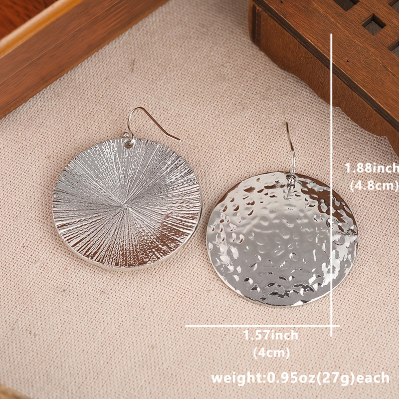 Vintage Hammered Large Disk Dangle Circle Earrings