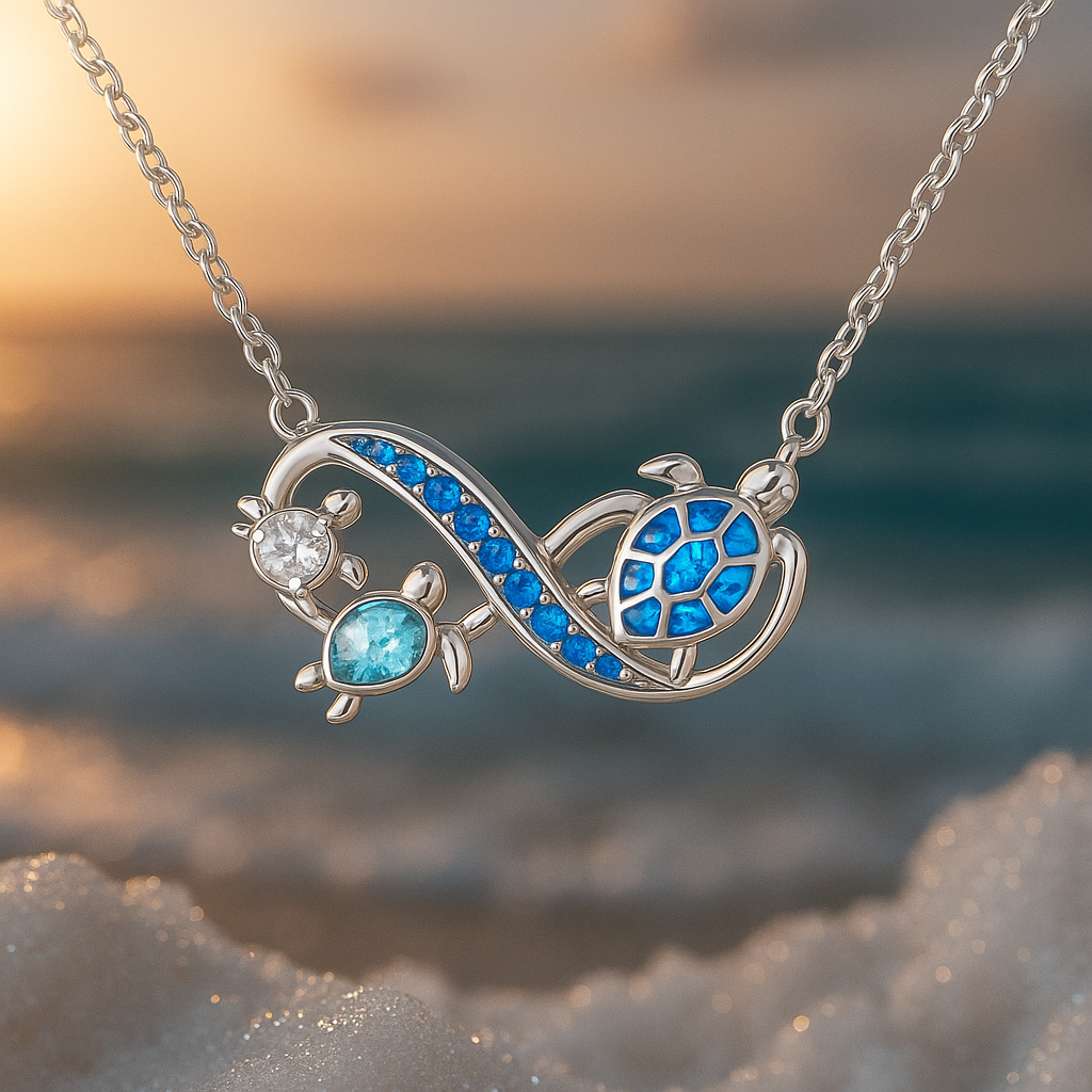 Silver Double Turtle Necklace with Blue Crystal Accents