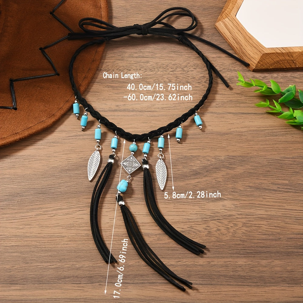 Bohemian Turquoise Beads Silver Feather Tassel Necklace