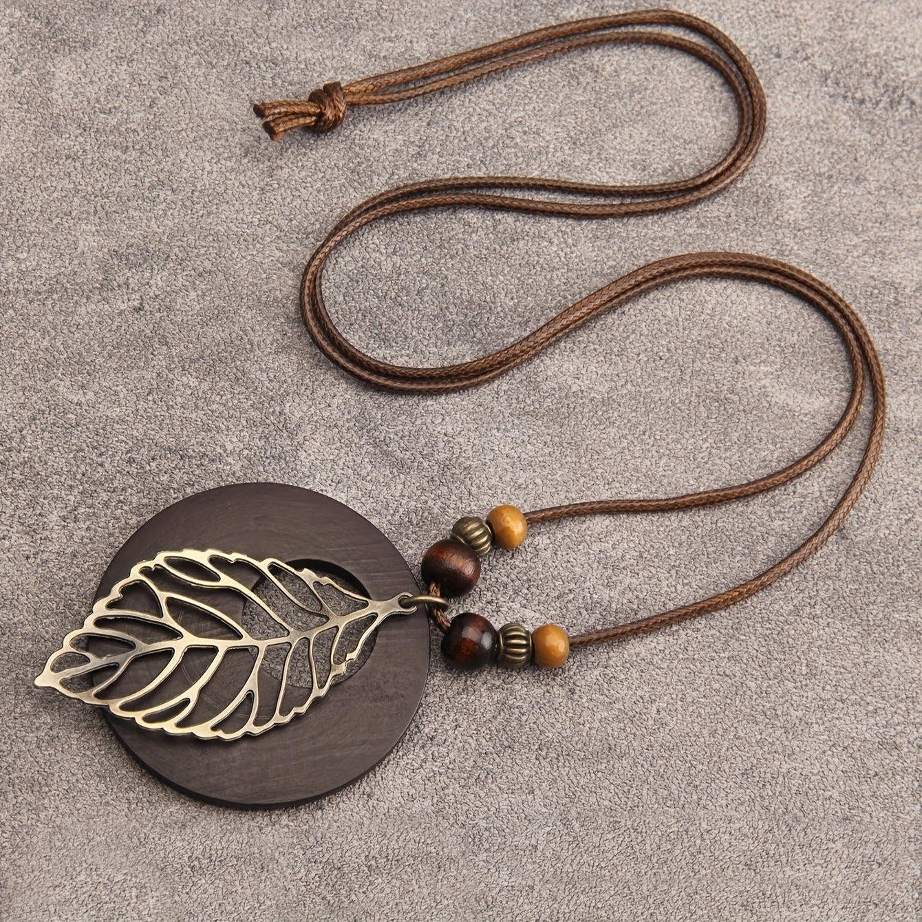 Bohemian Wax Rope Leaf Shaped Pendant Long Necklace