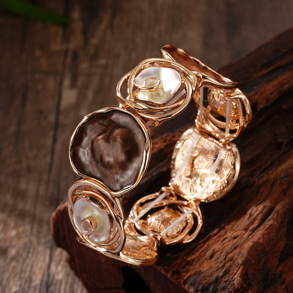 Bohemian Round Flower Geometric Design Cuff Elastic Bracelet