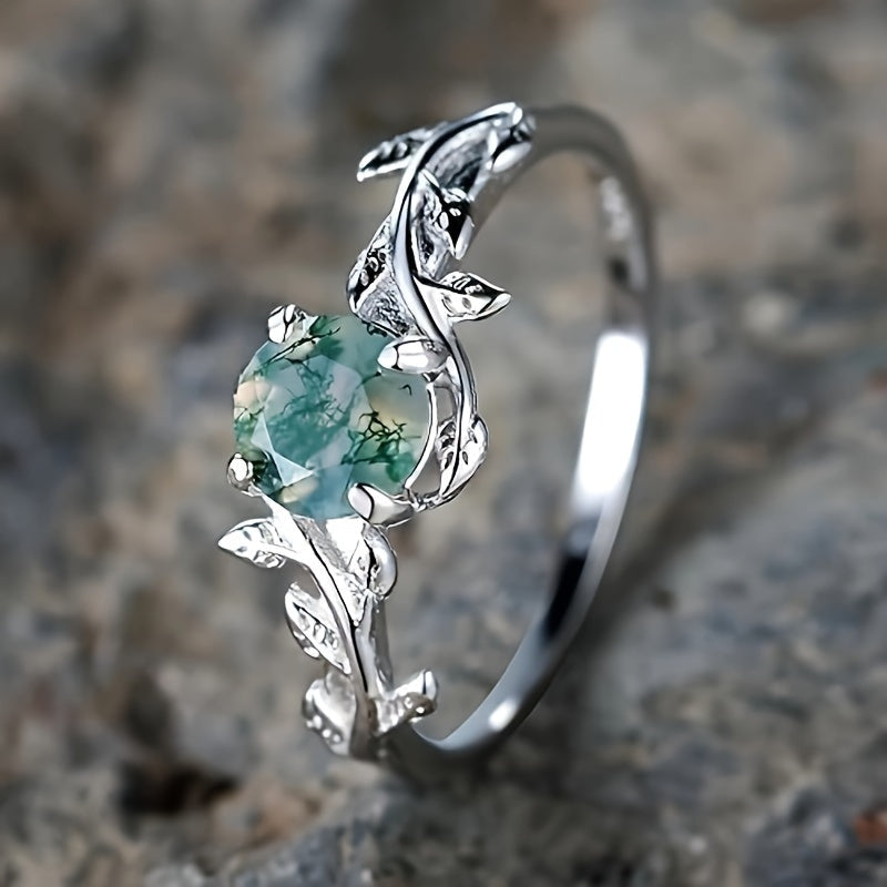 Vintage Silver Round Water Grass Moss Agate Leaf Ring