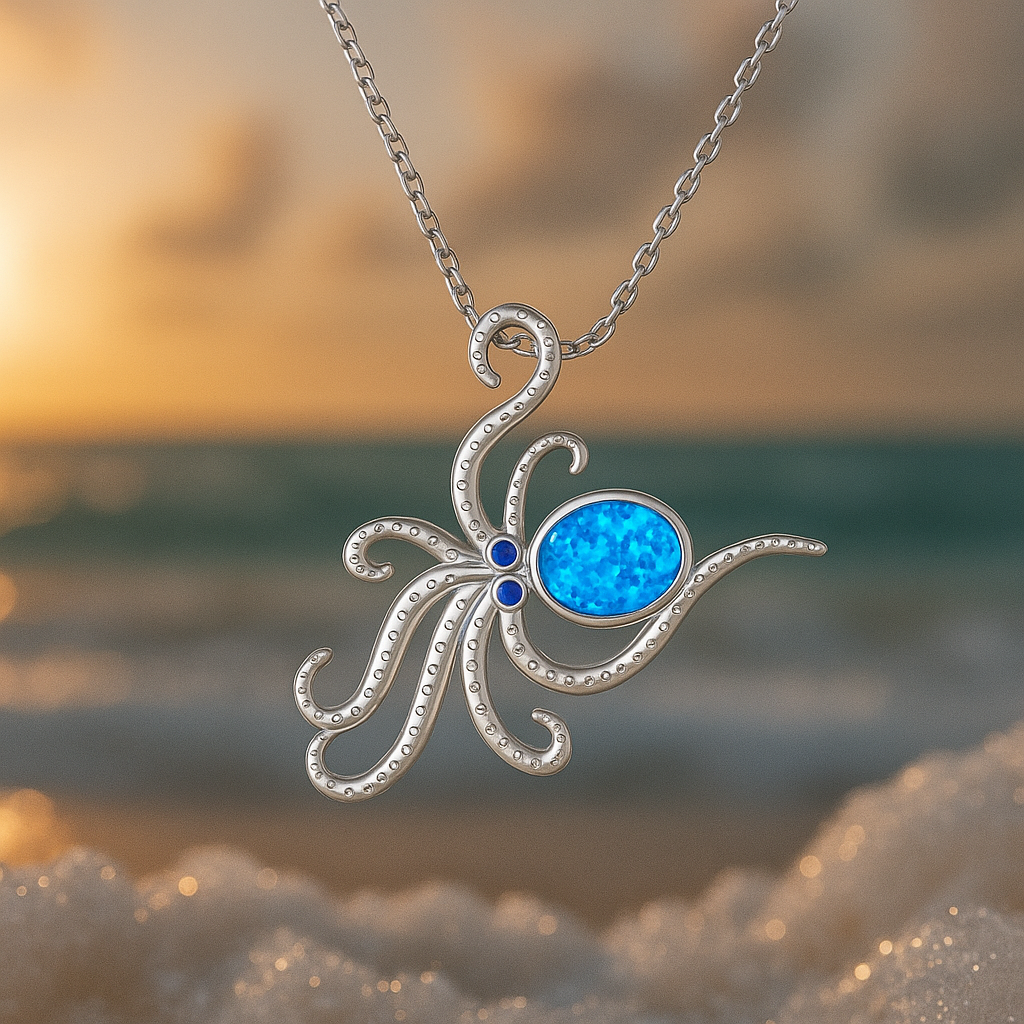 Silver Octopus Necklace with Blue Opal Stone