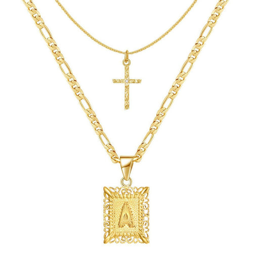 2 Piece Initial Letter & Cross Necklace Set
