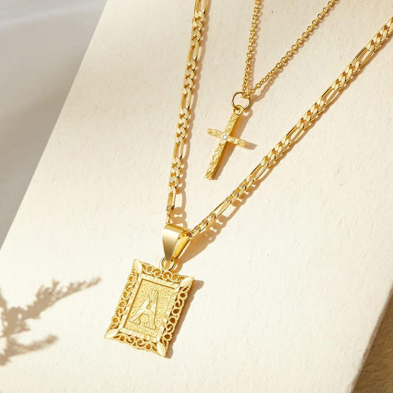 2 Piece Initial Letter & Cross Necklace Set