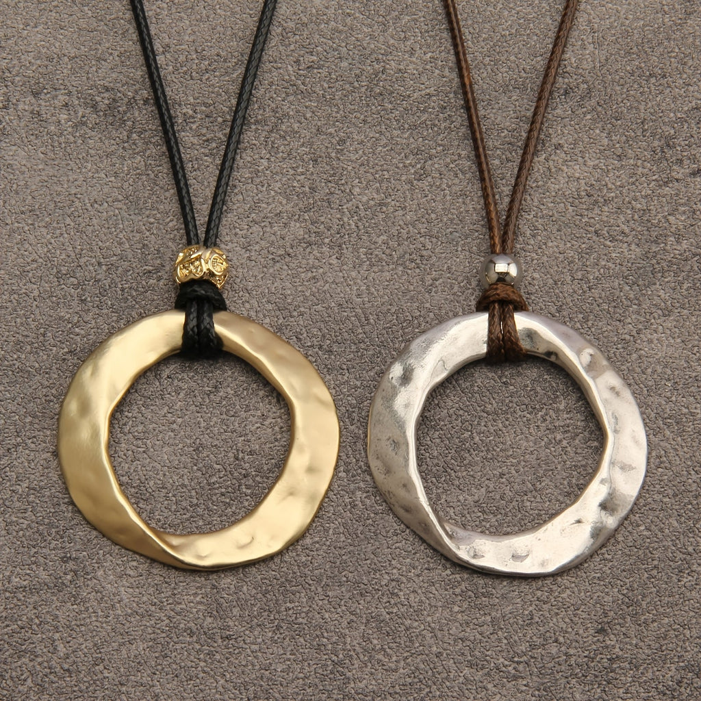 Leather Cord Hammered Zinc Alloy Open Circle Pendant Necklace