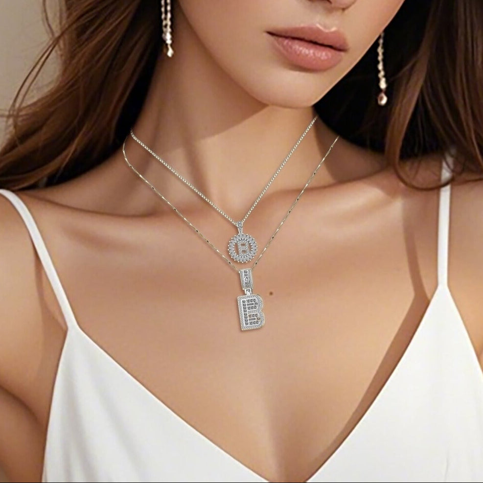 Pave letter initial necklace set | White Gold