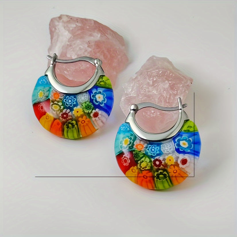 Vintage Vibrant Glass Floral Bead Dangle Earrings