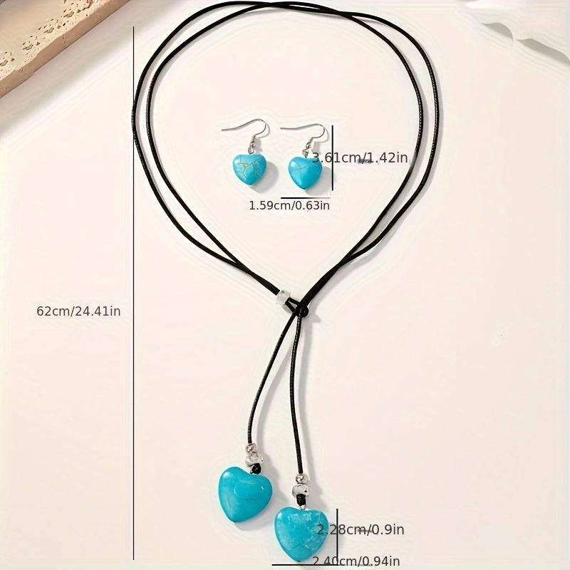 Vintage Bohemian Style Turquoise Heart Necklace and Earring Set