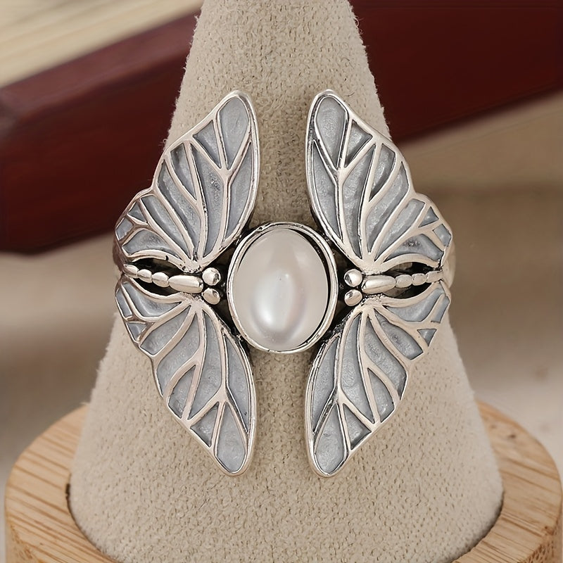 Elegant Silver Plated Butterfly Oval Moonstone Ring