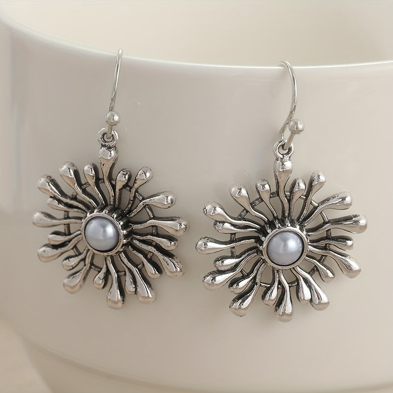 Elegant Bohemian Sunburst Pearl Drop Earrings